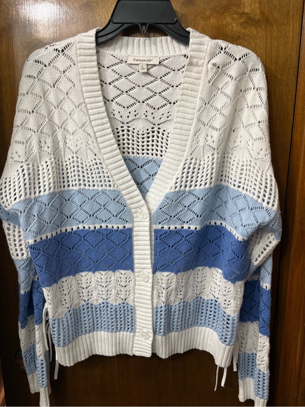 Francesca's Collections Striped Openwork V-Neck Cardigan - Blue & White